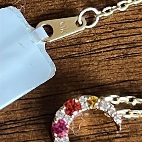 14K Yellow Gold Mini Diamond and Sapphire Crescent Moon Necklace - Picture 6 of 7